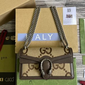 Replica Gucci 499623 Dionysus GG small shoulder bag in Camel and ebony jumbo GG canvas