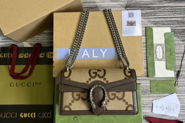 Replica Gucci 499623 Dionysus GG small shoulder bag in Camel and ebony jumbo GG canvas