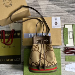 Replica Gucci 550621 Ophidia GG small bucket bag in Camel and ebony jumbo GG canvas