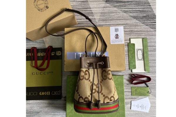 Replica Gucci 550621 Ophidia GG small bucket bag in Camel and ebony jumbo GG canvas