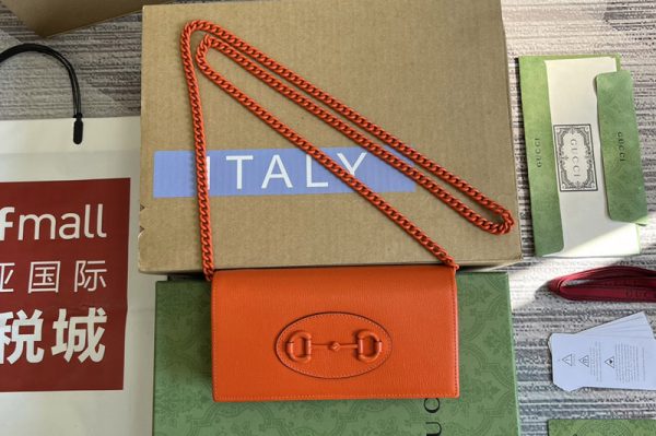 Replica Gucci 621892 Gucci Horsebit 1955 wallet with chain in Orange leather