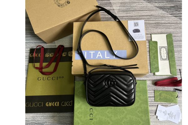 Replica Gucci ‎634936 GG Marmont mini shoulder bag in Black matelassé chevron leather