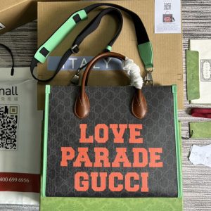 Replica Gucci 680956 Love Parade Gucci Small Tote Bag in Beige/ebony GG Supreme canvas With Yellow Leather