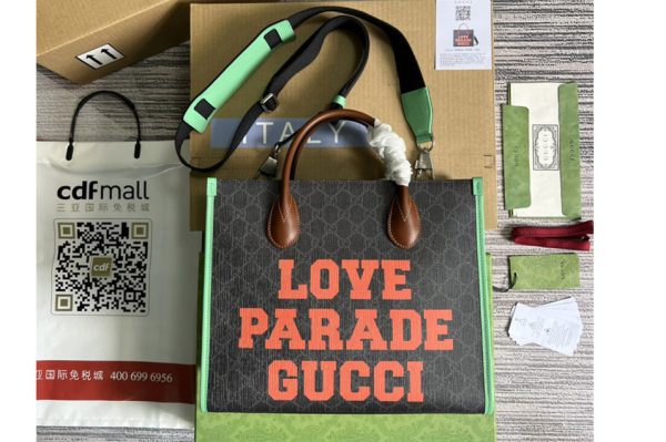 Replica Gucci 680956 Love Parade Gucci Small Tote Bag in Beige/ebony GG Supreme canvas With Yellow Leather