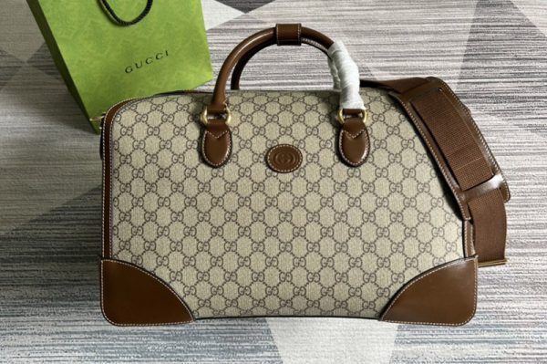 Replica Gucci 696014 Duffle bag with Interlocking G in Beige and ebony GG Supreme canvas