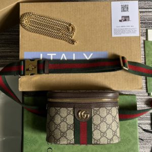 Replica Gucci 699765 Ophidia GG belt bag in Beige and ebony GG Supreme canvas