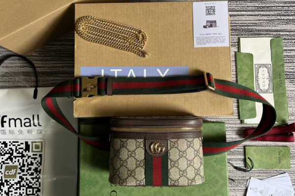 Replica Gucci 699765 Ophidia GG belt bag in Beige and ebony GG Supreme canvas