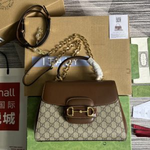 Replica Gucci 702049 Gucci Horsebit 1955 medium bag in Beige and ebony GG Supreme canvas