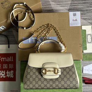 Replica Gucci 702049 Gucci Horsebit 1955 medium bag in Beige and ebony GG Supreme canvas With White Leather