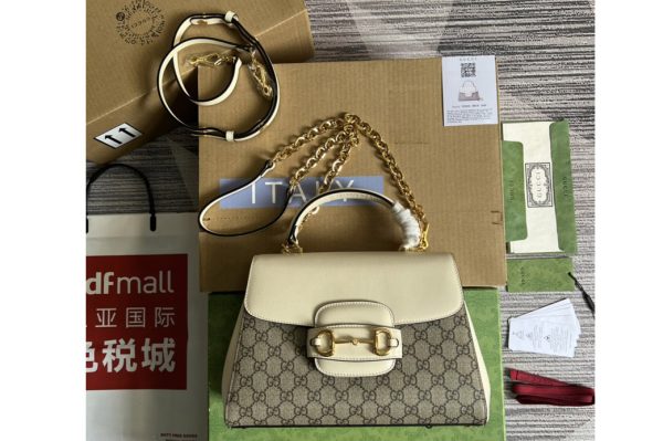 Replica Gucci 702049 Gucci Horsebit 1955 medium bag in Beige and ebony GG Supreme canvas With White Leather