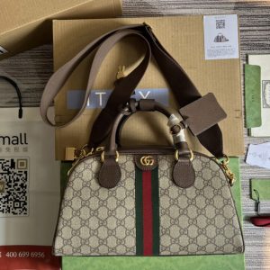 Replica Gucci 724575 Ophidia medium GG top handle bag in Beige and ebony GG Supreme canvas