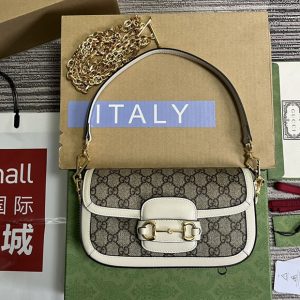 Replica Gucci 735178 Gucci Horsebit 1955 shoulder bag in Beige and ebony GG Supreme canvas With White Leather