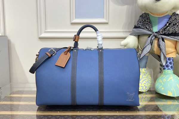 Replica Louis Vuitton M21377 LV Keepall Bandouliere 50 travel bag in Denim Blue Taurillon leather