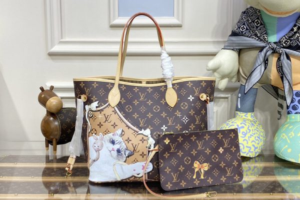 Replica Louis Vuitton M40995 LV Neverfull MM tote Bag in Monogram coated canvas With Cat