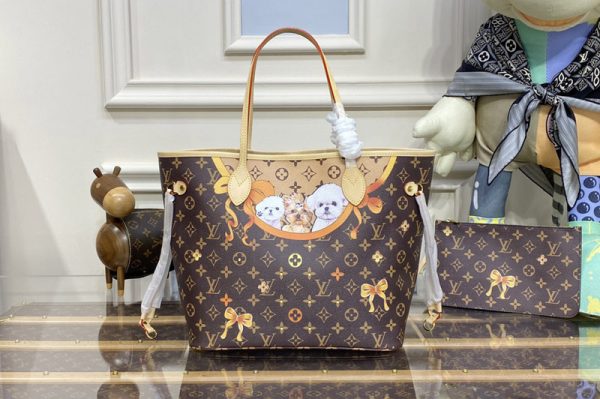 Replica Louis Vuitton M40995 LV Neverfull MM tote Bag in Monogram coated canvas With Dog