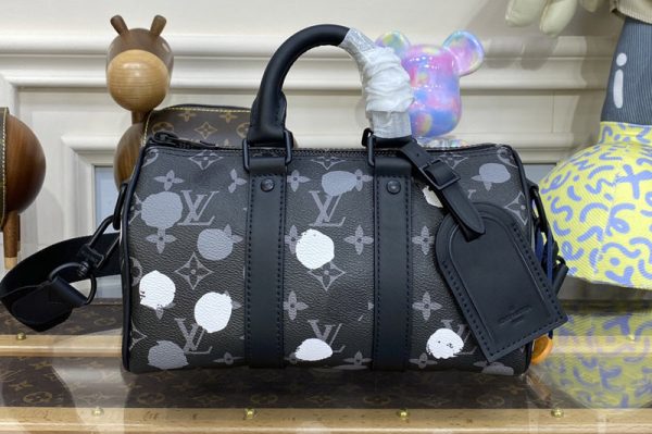 Replica Louis Vuitton M45406 LV LVxYK Keepall 25 Bag in Black and silver Monogram Eclipse coated canvas with 3D Painted Dots print