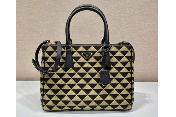 Replica Prada 1BA274 Medium Prada Symbole embroidered fabric bag in Black/Beige