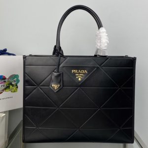 Replica Prada 1BA377 Large leather Prada Symbole bag with topstitching in Black Leather