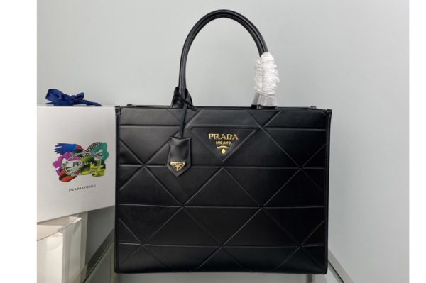 Replica Prada 1BA377 Large leather Prada Symbole bag with topstitching in Black Leather