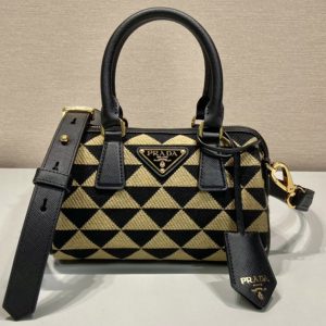 Replica Prada 1BA846 embroidered fabric Boston bag in Black/Beige