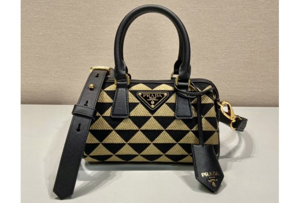 Replica Prada 1BA846 embroidered fabric Boston bag in Black/Beige