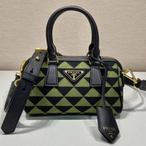 Replica Prada 1BA846 embroidered fabric Boston bag in Black/Green