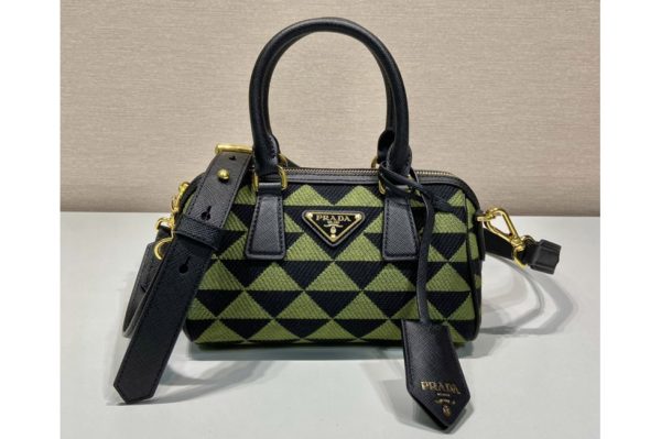 Replica Prada 1BA846 embroidered fabric Boston bag in Black/Green