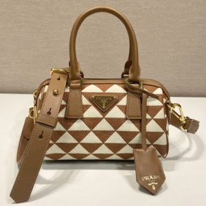 Replica Prada 1BA846 embroidered fabric Boston bag in Brown/White