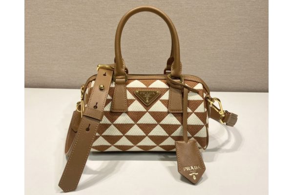 Replica Prada 1BA846 embroidered fabric Boston bag in Brown/White