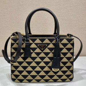 Replica Prada 1BA863 Small Prada Symbole embroidered fabric bag in Black/Beige