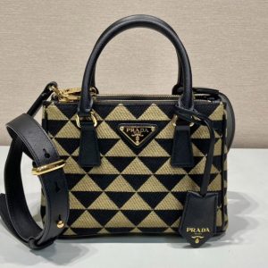 Replica Prada 1BA906 Prada Symbole embroidered fabric mini bag in Black/Beige