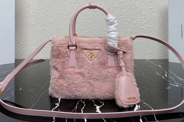 Replica Prada 1BA906 Prada Galleria shearling mini-bag in Pink shearling