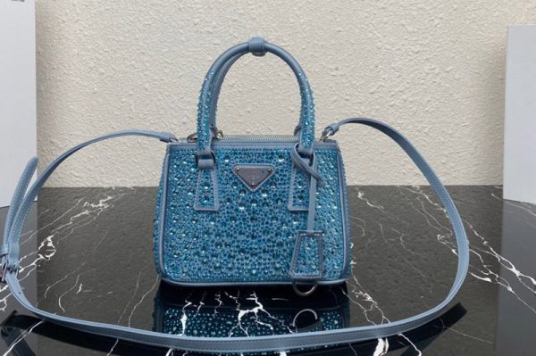 Replica Prada 1BA906 Prada Galleria satin mini-bag with crystals in Blue