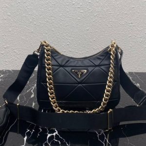 Replica Prada 1BC151 Re-Nylon padded hobo bag in Black Leather