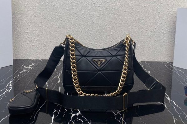 Replica Prada 1BC151 Re-Nylon padded hobo bag in Black Leather