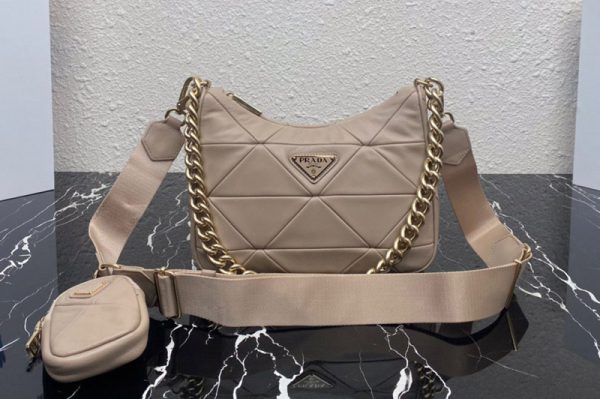 Replica Prada 1BC151 Re-Nylon padded hobo bag in Beige Nylon