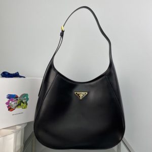 Replica Prada 1BC181 Large leather shoulder bag with topstitching in Black Leather