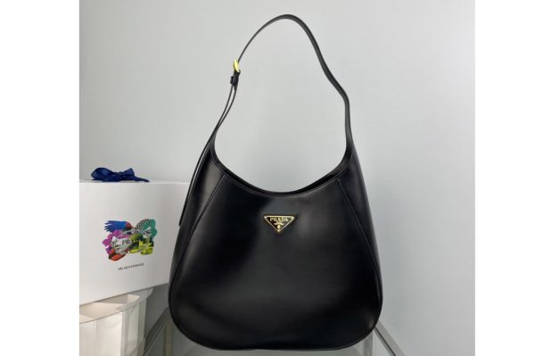 Replica Prada 1BC181 Large leather shoulder bag with topstitching in Black Leather