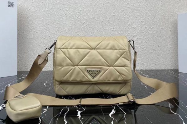 Replica Prada 1BD290 Re-Nylon padded shoulder bag in Beige Nylon