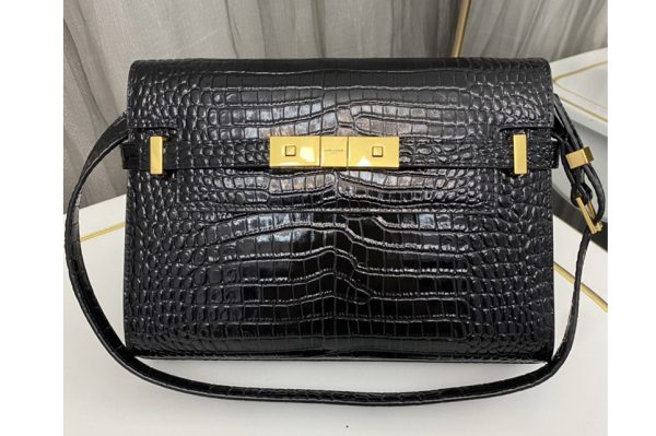 Replica Saint Laurent 675626 YSL MANHATTAN SMALL SHOULDER BAG IN Black CROCODILE-EMBOSSED LEATHER With Gold Buckle