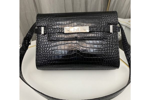 Replica Saint Laurent 675626 YSL MANHATTAN SMALL SHOULDER BAG IN Black CROCODILE-EMBOSSED LEATHER With Silver Buckle