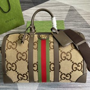 Replica Gucci ‎681295 Ophidia medium duffle bag in Camel and ebony jumbo GG canvas