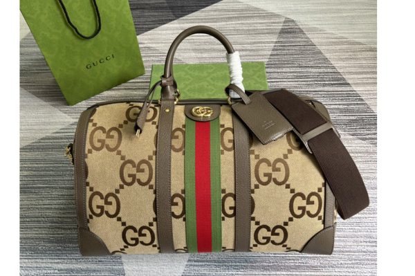 Replica Gucci ‎681295 Ophidia medium duffle bag in Camel and ebony jumbo GG canvas