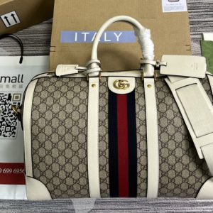 Replica Gucci ‎681295 Ophidia medium duffle bag in Beige and ebony GG supreme canvas with White Leather