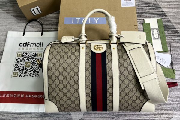 Replica Gucci ‎681295 Ophidia medium duffle bag in Beige and ebony GG supreme canvas with White Leather