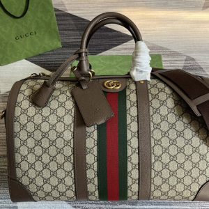 Replica Gucci ‎681295 Ophidia medium duffle bag in Beige and ebony GG supreme canvas with Brown Leather