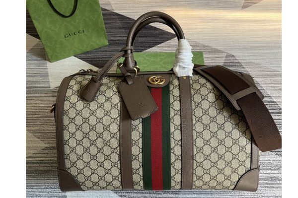 Replica Gucci ‎681295 Ophidia medium duffle bag in Beige and ebony GG supreme canvas with Brown Leather