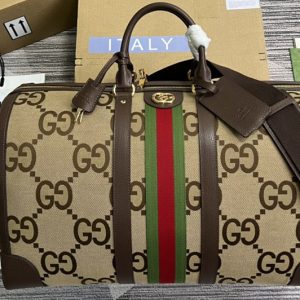 Replica Gucci ‎696039 Gucci Savoy large duffle bag in Camel and ebony jumbo GG canvas