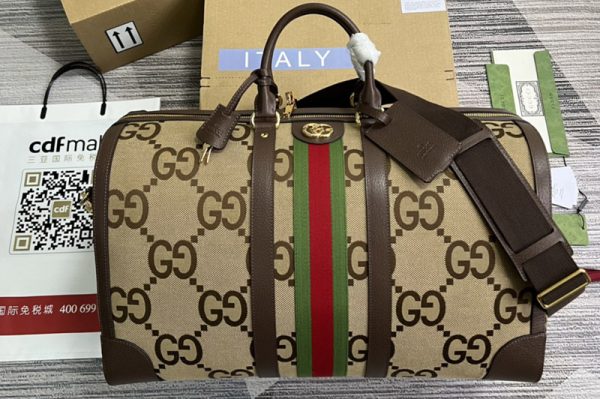 Replica Gucci ‎696039 Gucci Savoy large duffle bag in Camel and ebony jumbo GG canvas