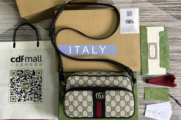 Replica Gucci ‎723312 Ophidia small messenger bag in Beige and Blue GG Supreme canvas